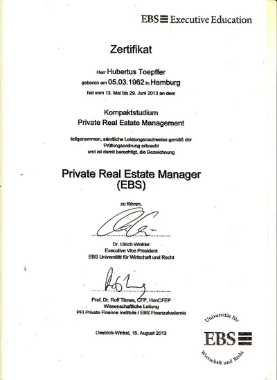 Zertifikat Private Real Estate Manager (European Business School) – PDF öffnen